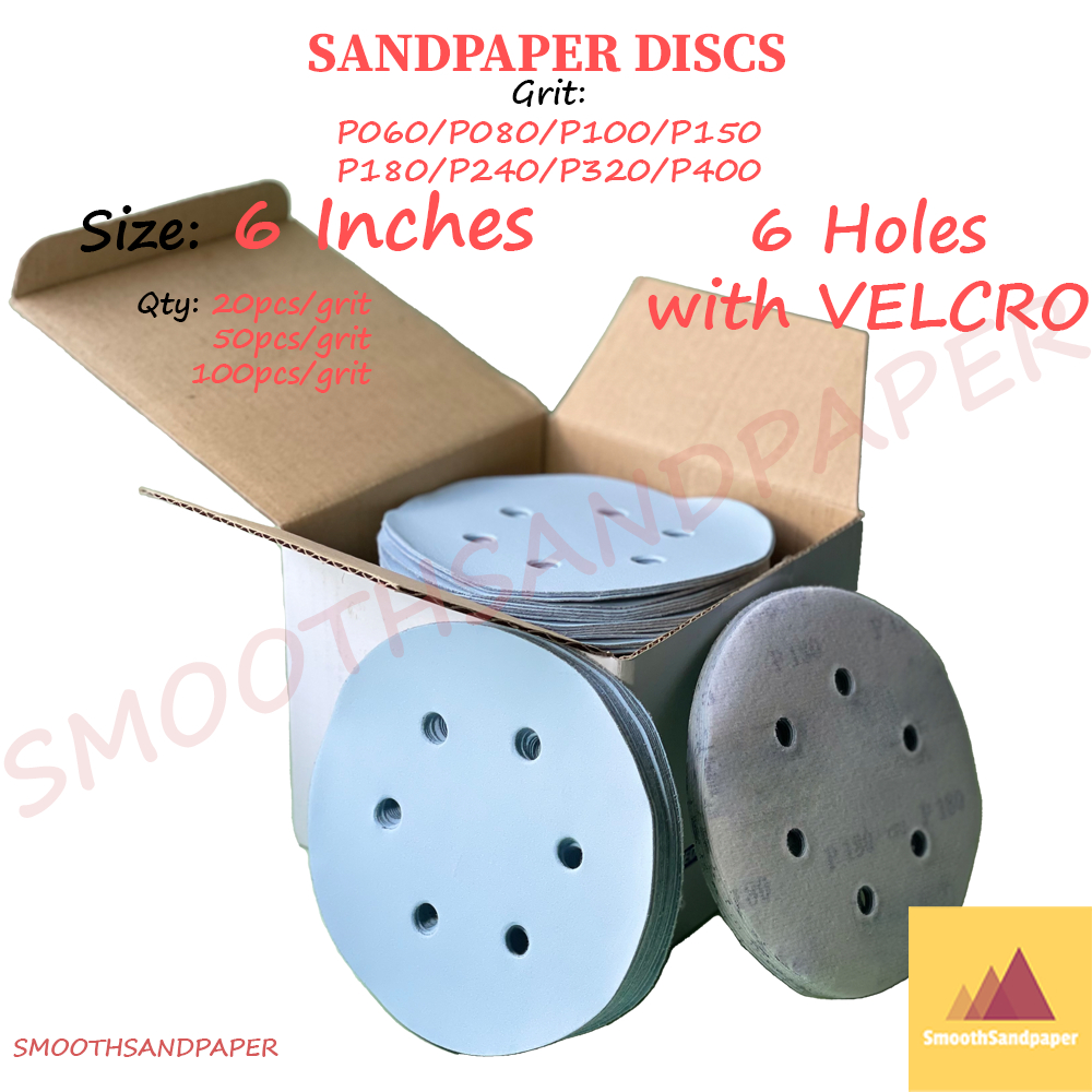 6Inches (6Holes+Velcro) Sandpaper Discs Aluminium Oxide 6Inci Kertas Pasir Cakera 6寸6孔植绒砂纸圆盘