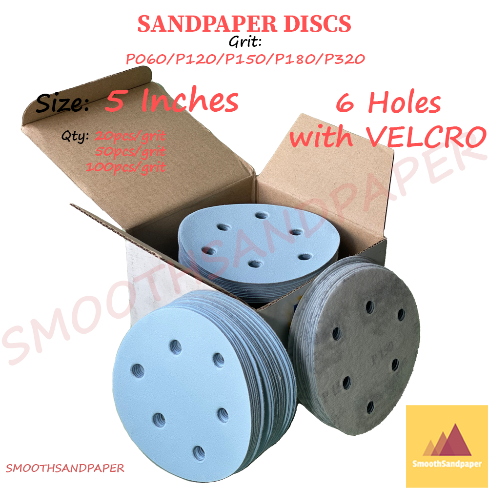 5Inches (6Holes+Velcro) Sandpaper Discs Aluminium Oxide 5Inci Kertas Pasir Cakera 5寸6孔植绒砂纸圆盘