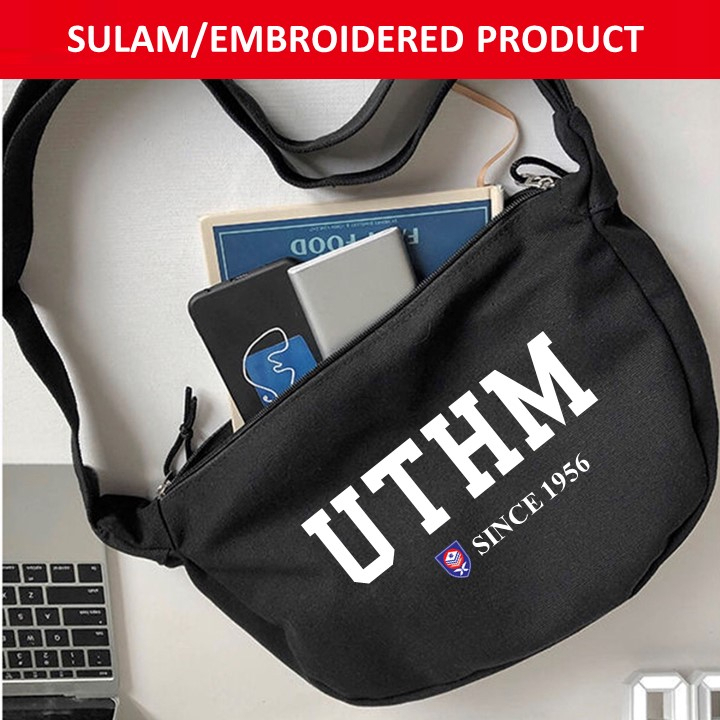 EMBROIDERY(SULAM) UTHM UNIVERSITI TUN HUSSEIN ONN BLACK CANVAS ZIPPER CROSSBODY SHOULDER SLING BAG