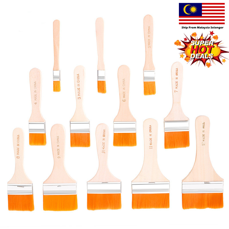 12 Size (Halal) Wood Soft Nylon Brush Paint Painting Berus Cat Kayu Nylon 油画尼龙板刷 笔刷 油画笔 油漆刷美术用品