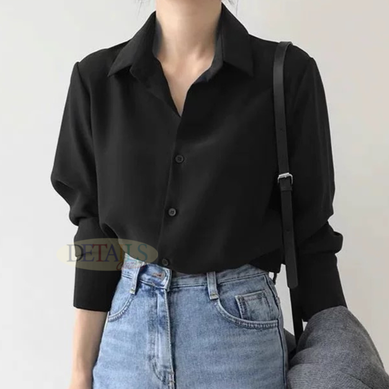 Women Long Sleeve Black Blouse Kemeja Cotton Viral Perempuan Kemeja Wanita Plus Size 黑衬衫
