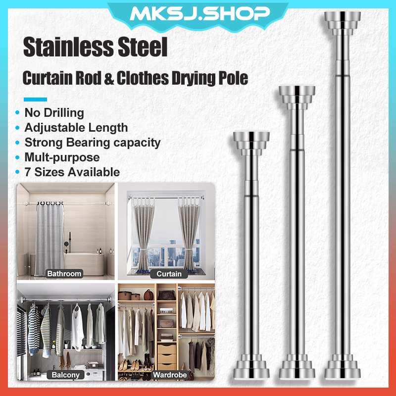 Adjustable Window Curtain Rod Stainless Steel Shower Extendable Drying Rack Cloth Rail Telescopic Pole Batang Langsir