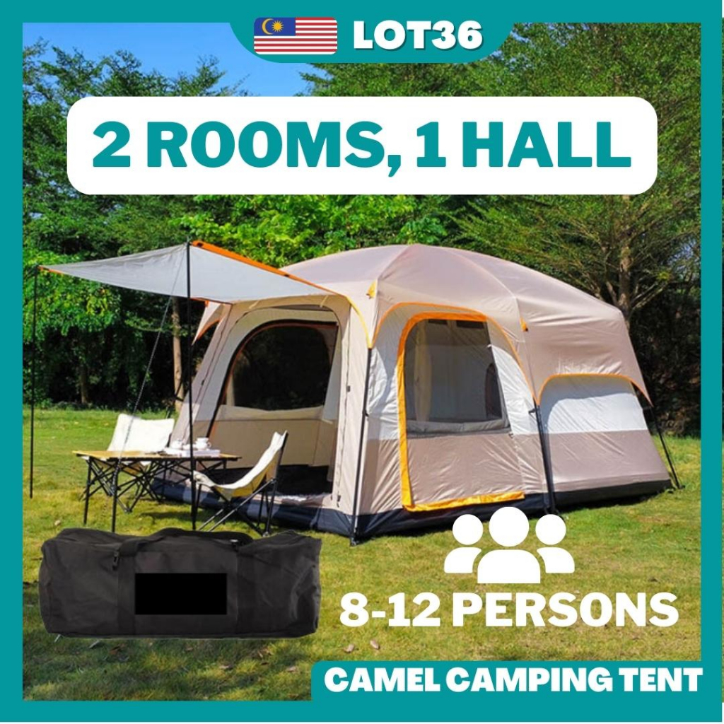 TROFEO ST-096 Ultra-Large Family Camel Tent Khemah Unta 8-12 Person Outdoor 2 Bedrooms 1 Hall Khaki Tent Double Layers A