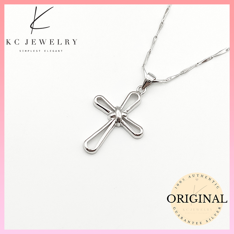 KC Jewelry S925 White Gold Plated Simple Cross Pendant/Loket Salib Ringkas 925 Perak Celup EmasPutih