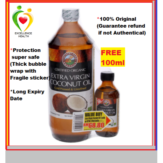 New stock expiry date:April2025 Country Farm Organic Extra Virgin Coconut Oil 1000ml Free 1x100ml Minyak kelapa Halal