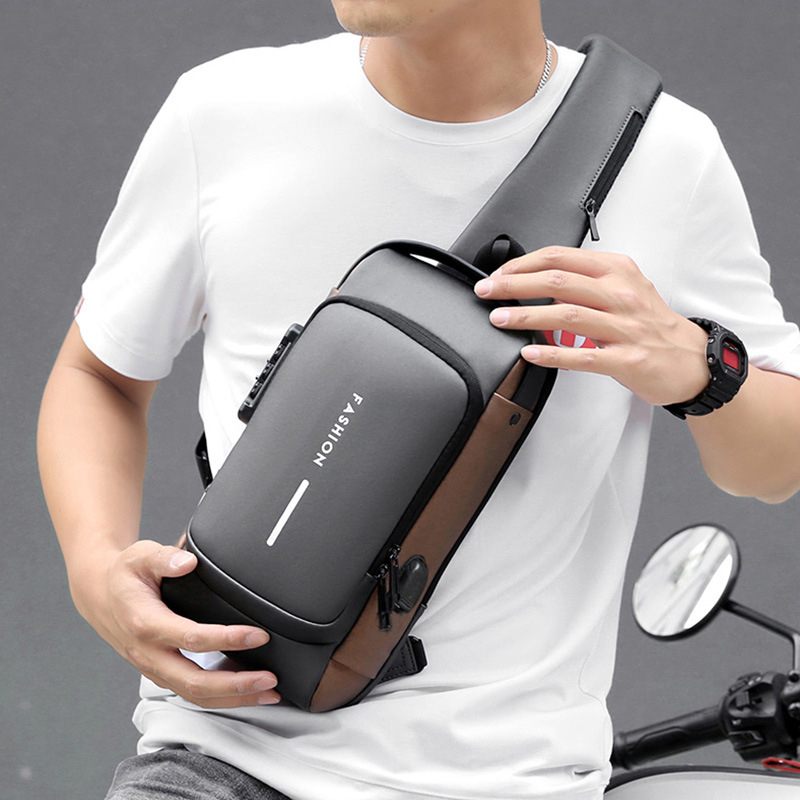 Security Password Lock Bag With USB Waist Chest Pouch Bag Men Sling Bag Men Waterproof 单肩包男 胸包Waterproof Sling Bag Men