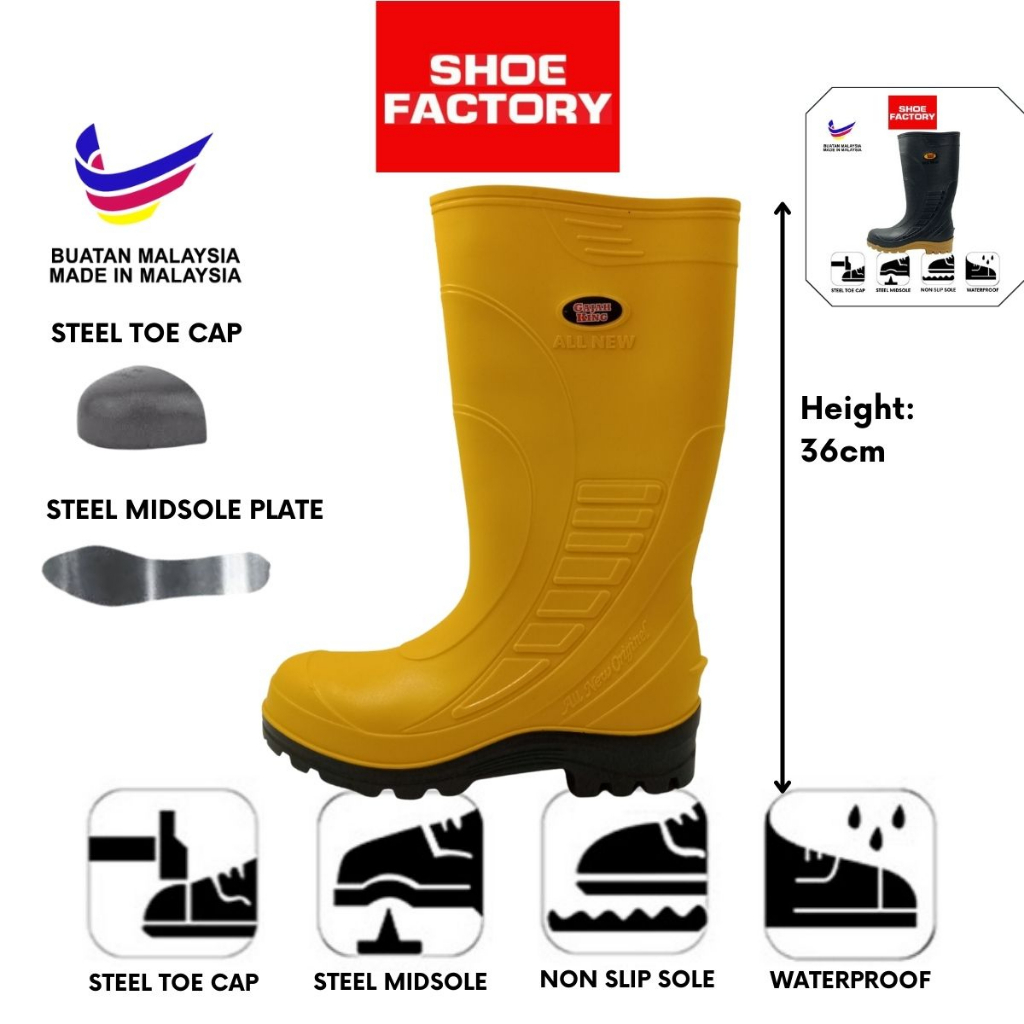 Gajah King High Cut Safety Rain Boots Steel Toe Cap and Steel Midsole Kasut Getah Besi Size 38-44 From Shoe Factory Mala