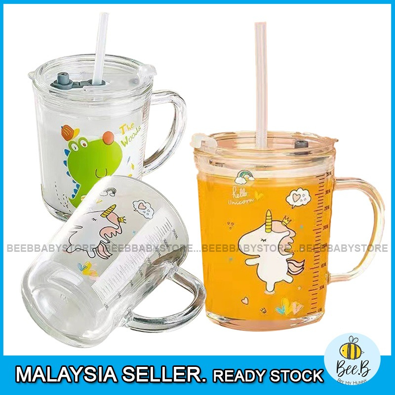 Cute Animal Cartoon Design Kids Breakfast Glass Mug 400ml Children Transparent Scale Milk Cup With Straw BTP