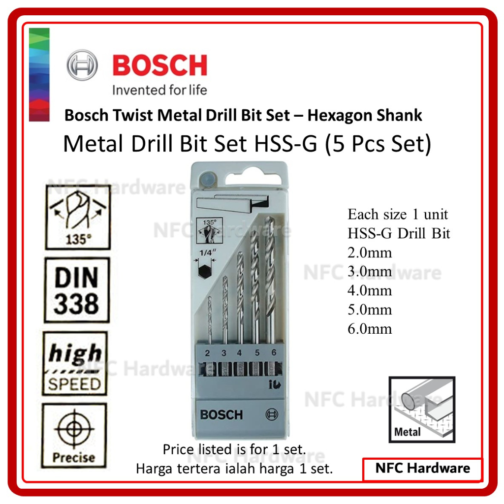 Bosch Metal Drill Bit Set Hss G Hexagon Shank 5 Pcs Set Shopee Malaysia