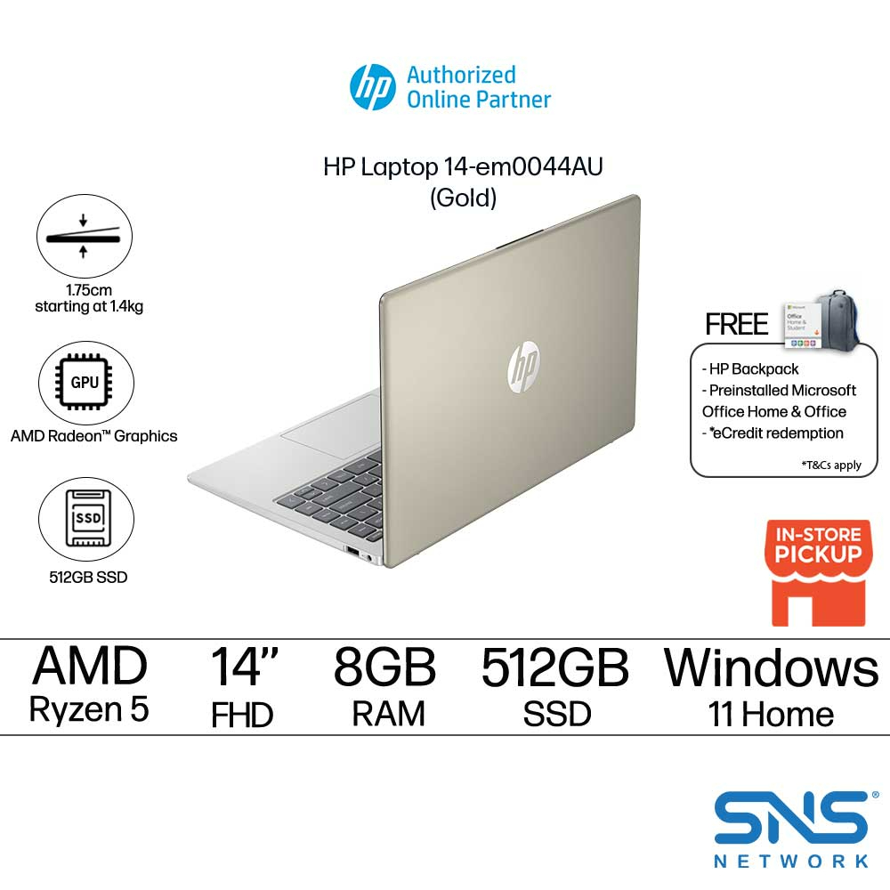 HP Laptop 14-EM0043AU / 14-em0044AU 14'' FHD (AMD Ryzen 5 7520U,512GB, 8GB,  AMD Radeon™ Graphics, W11H) - Silver / Gold [FREE] HP Backpack +  Preinstalled Microsoft Office Home And Office (Grab/Touch &