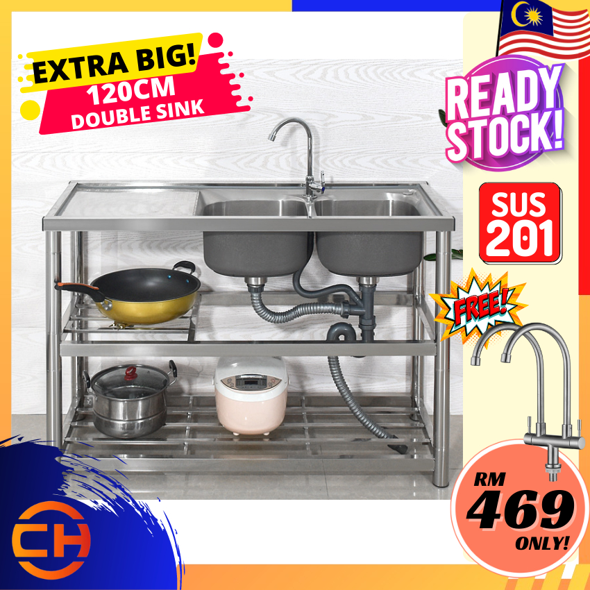 Stainless Steel Double Kitchen Sink With Stand Rak EXTRA BIG 120CM Sinki Singki Steel Dapur Set Dish Washer Rack