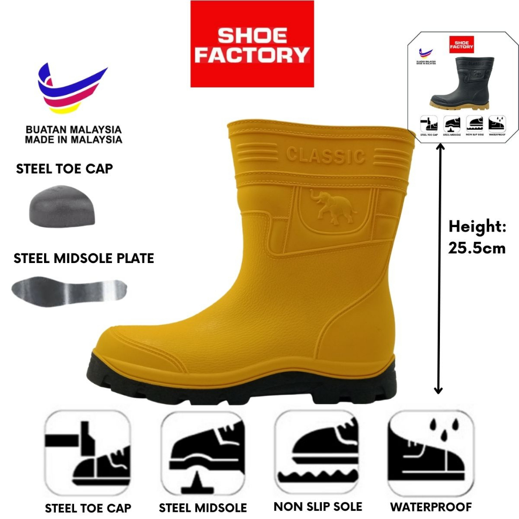 Gajah King Mid Cut Safety Rain Boots Steel Toe Cap and Steel Midsole Kasut Getah Besi Size 39-44 From Shoe Factory Malay