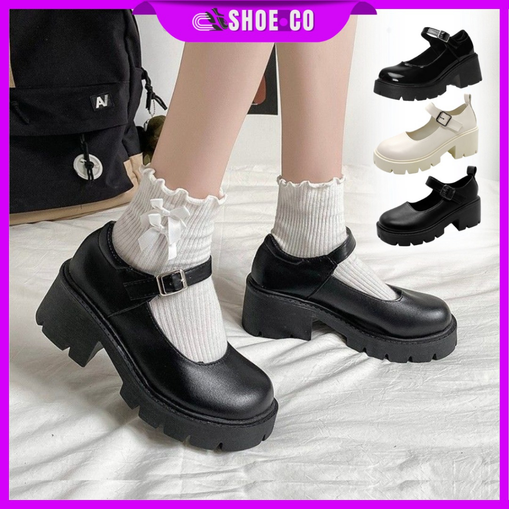 SHOE.CO British Buckle Mary Jane Glossy Matte Black Boot Women's HighHeel Sandal Kasut Perempuan Outdoor Sneakers Shoes