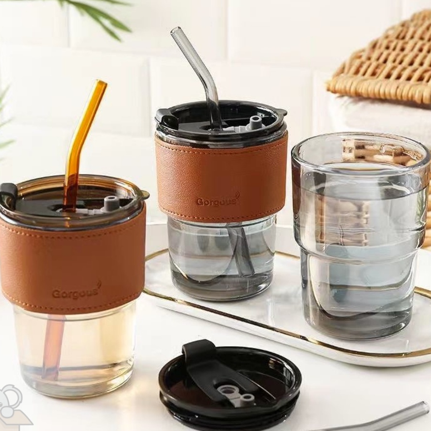 Glass Cup with straw Cawan Kaca kopi coffee cup Tea cup hadiah gift set Iced Water Bottle Coffee Glass Mug 玻璃杯子茶杯咖啡杯