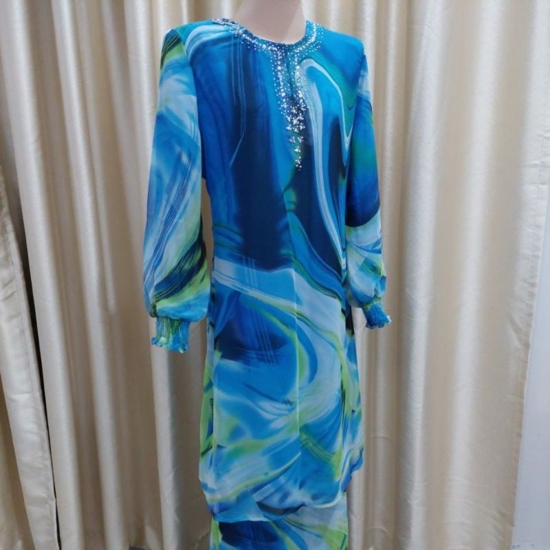 New! Baju Kurung Moden Chiffon Manik Batu. Bahu 16, Dada 38, Punggung 42 - Ready Stock!