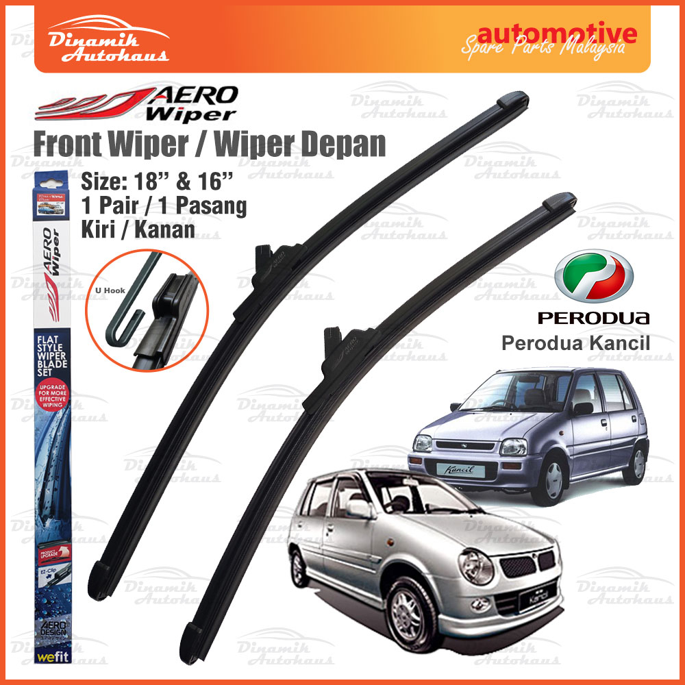 Perodua Kancil Car Front Windscreen U Hook Flat Wiper Size 18" & 16