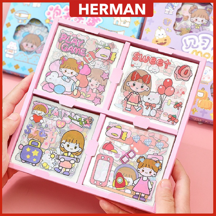 100 Pcs/Box Cute Girl Cartoon Stickers Tape Set No Repeating Pattern Transparent Water Bottle Sticker Ins Gift 可愛胶带贴纸手账