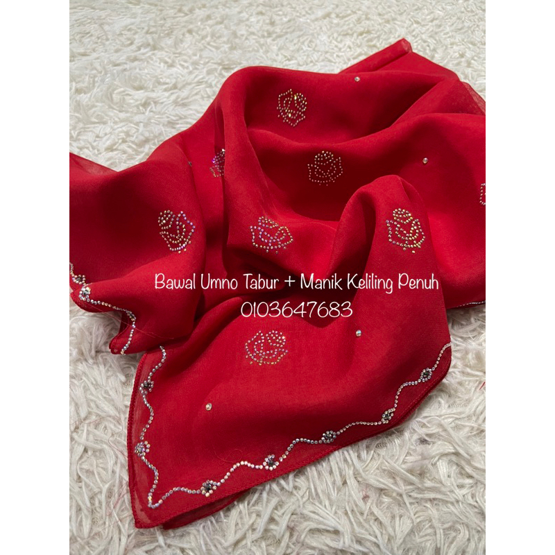 [FAST SHIPPING] TUDUNG BAWAL UMNO TABUR + MANIK FULL KELILING B45