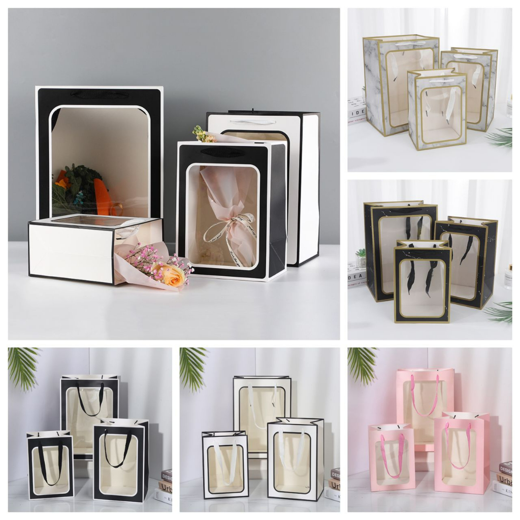 Thick Paper Giftbag with Transparent Window for Flower Bouquet Valentines Birthday Anniversary Gift Craft Paper Bag