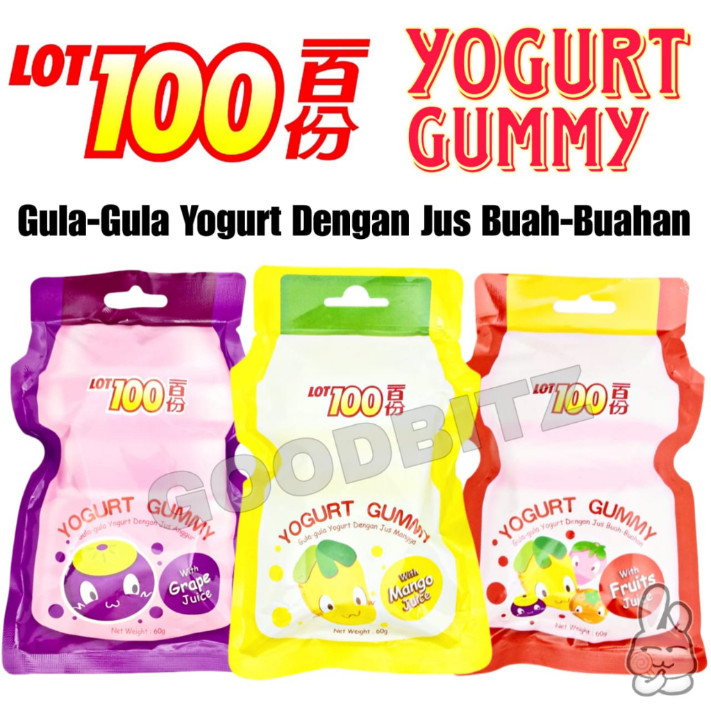 Lot100 Yogurt Gummy Grape, Mango, Mix Fruits Flavor 60g (GulaGula