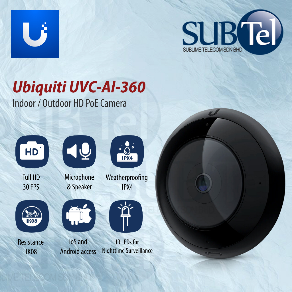 Ubiquiti UVC-AI-360 Camera 30FPS Full HD 360° fisheye lens IPX4 enclosure IK08 tamper resistance