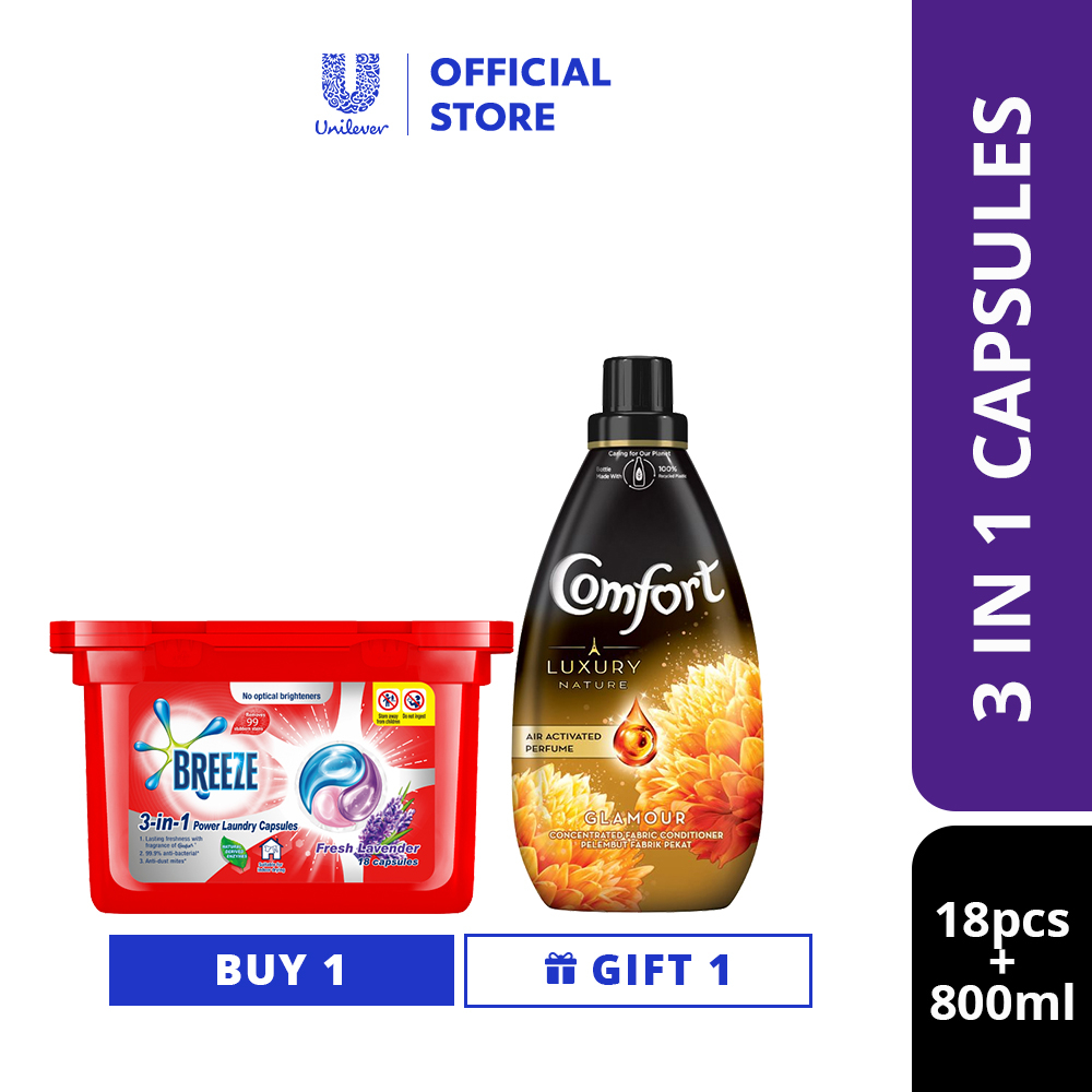 [B1G1] Breeze 3in1 Capsule Detergent Fresh Lavender 18's FREE Comfort
