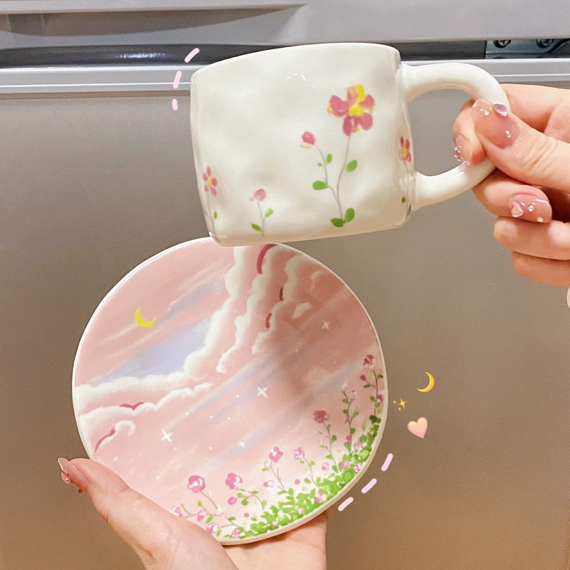 [Ready Stock] Ins style pink flower ceramic mugs / coffee milk tea ceramic mugs / 粉色咖啡杯ins风陶瓷杯碟套装