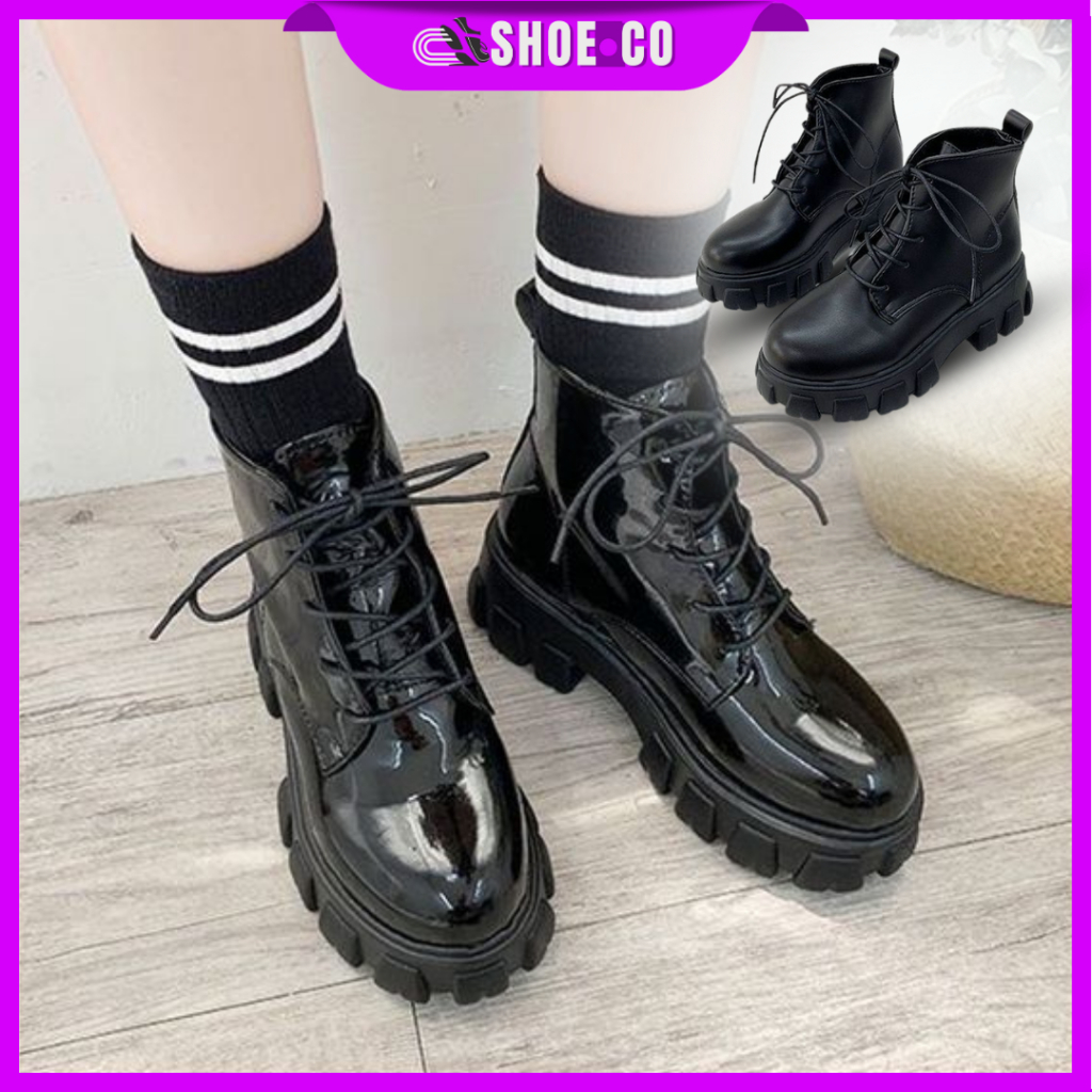 SHOE.CO British Styles Glossy Matte Black High Cut Martin Boots Women's HighHeel Sneakers shoes Kasut Perempuan Fesyen