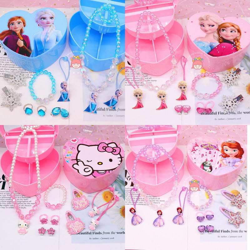 Ready Stok Frozen Elsa Necklace Girl Bracelet With Jewelry Gift Box Kids Hair Accessories Necklace Bracelet Gift Set