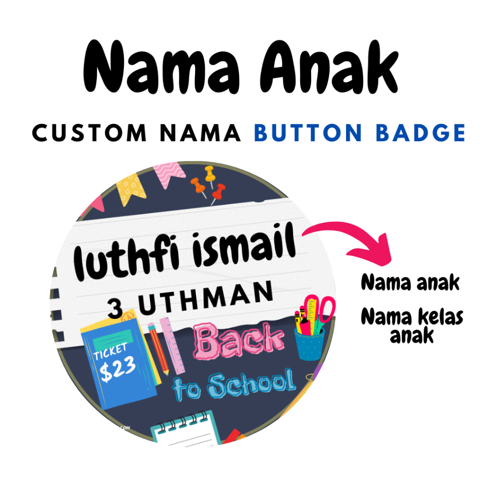 PIN BADGE NAMA dan Nama Kelas Anak Pin badge Sekolah Anak sebagai tanda nama pada bag sekolah baju sekolah