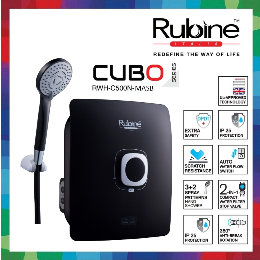 Rubine CUBO Instant Water Heater RWH-C500N SAND BLACK / Pemanas Air Mandian Shower heater