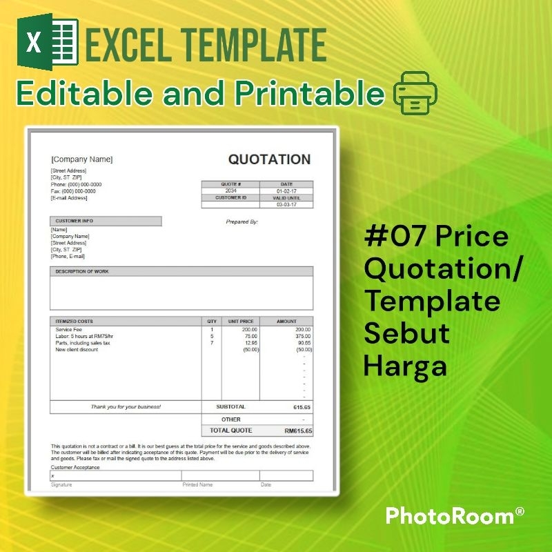 [#07] Price Quotation Excel Template / Template Excel Quotation Harga / Sebutharga ( Rancangan Perniagaan)