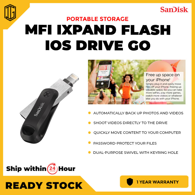 SANDISK MFI iXpand Flash IOS Drive Go Portable Storage Auto Back Up Quickly Move Content Password-protect Keyring Hole