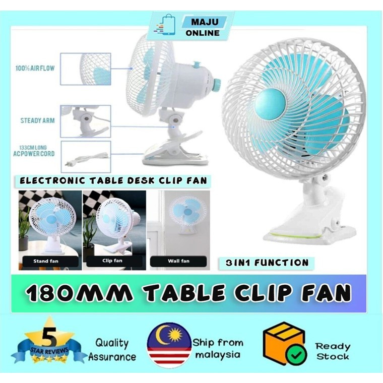 💥Maju.On💥Clip Fan 20W Strong Wind Powerful Portable Adjustable Table Plug 3 Blades Kipas Klip Pusing