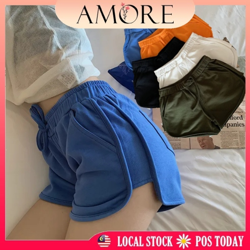 S-2XL 23"-33" Korean Style Women High Waist Short Woven Tie Back Pockets Casual Sports Pants Seluar Pendek Wanita