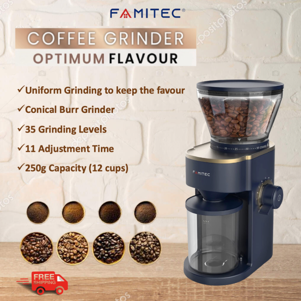 FAMITEC Bold Conical Burr Coffee Grinder with 35 Grind Size Black