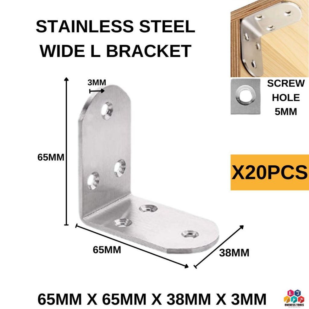 STAINLESS STEEL WIDE L BRACKET -65MM X 65MM X 38MM X 3MM -20PCS