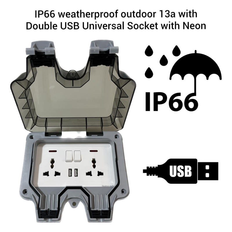 ✳️IP66 USB✳️ Waterproof Dustproof Outdoor 2 Gang 13A Electrical Power Socket IP66 Weather Resistant USB and No USB