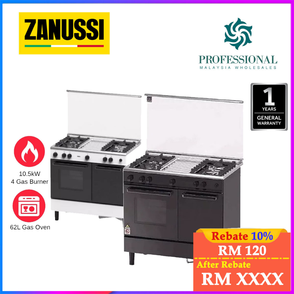 Zanussi Freestanding Gas Cooker 4 Gas Burner & 62L Gas Oven ZCG940W / ZCG940K Dapur Gas Cooker Ketuhar