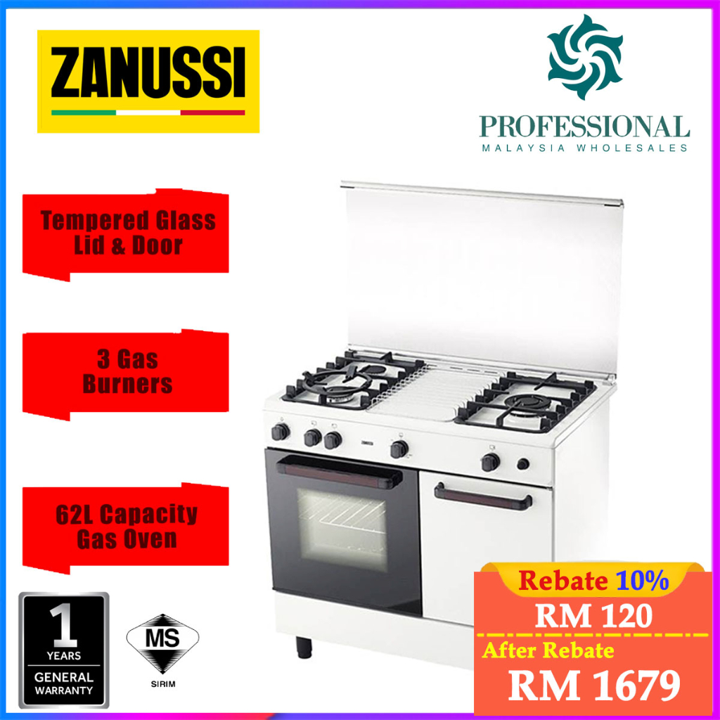 Zanussi 62L/90cm Gas Oven Cooker 3-Burners Freestanding Gas Cooker Gas Oven ZCG930W