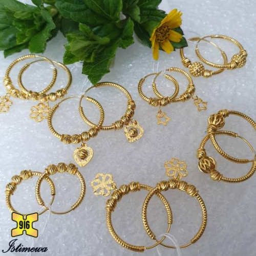 ISTIMEWA 916 Gold Laser Hoop Bead Earrings// Subang Laser Gantung Manik Emas 916