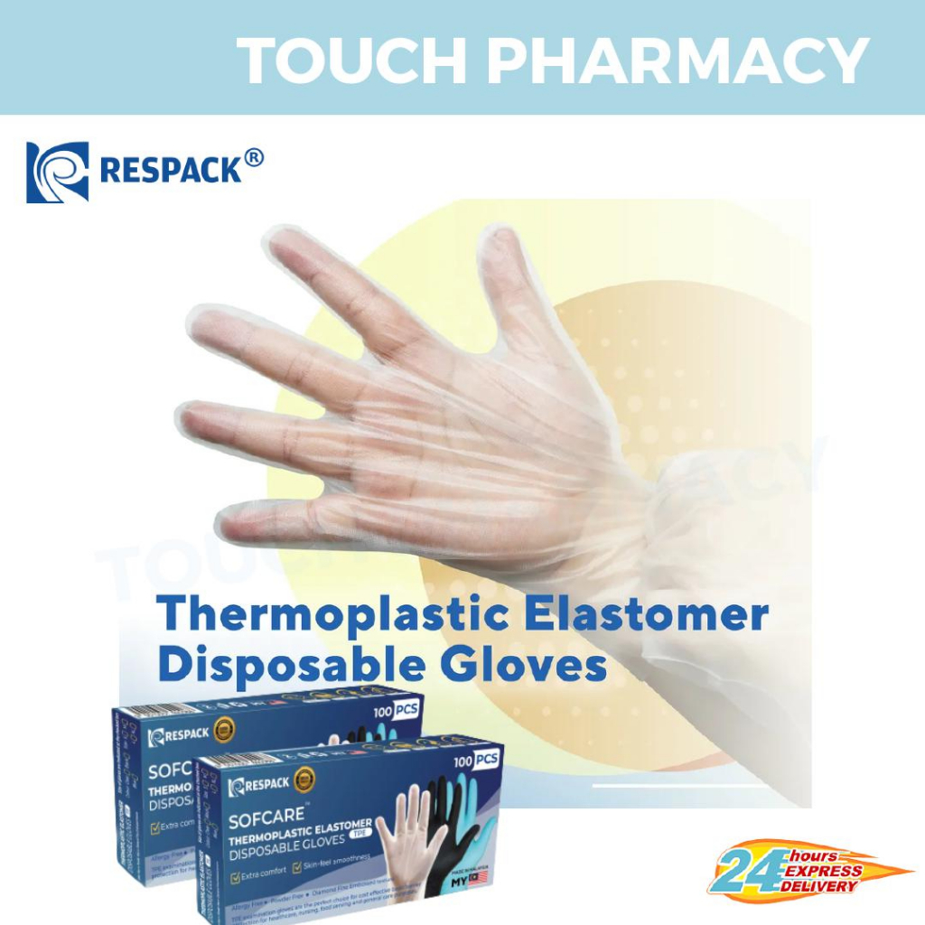 RESPACK Thermoplastic Elastomer (TPE) Disposable Gloves CLEAR 100's BOX (Size = S/M/L/XL