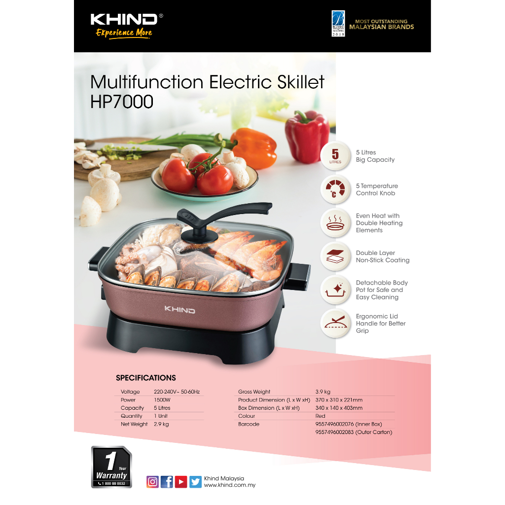 Khind 5L Multifunction Multi Cooker Electric Skillet HP7000