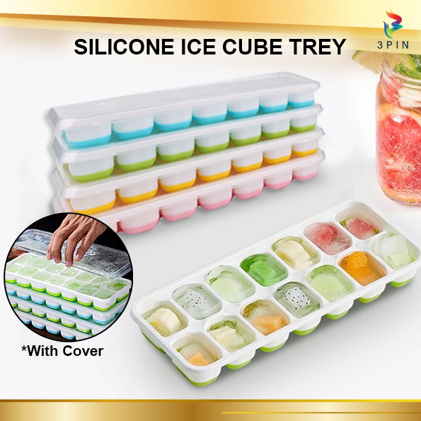 14 HOLES SILICONE MR.DIY ICE CUBE TRAY With Cover BABY FOOD Maker Mold Tray Containers BPA FREE Pembuat Ais Batu 硅胶冰块模具