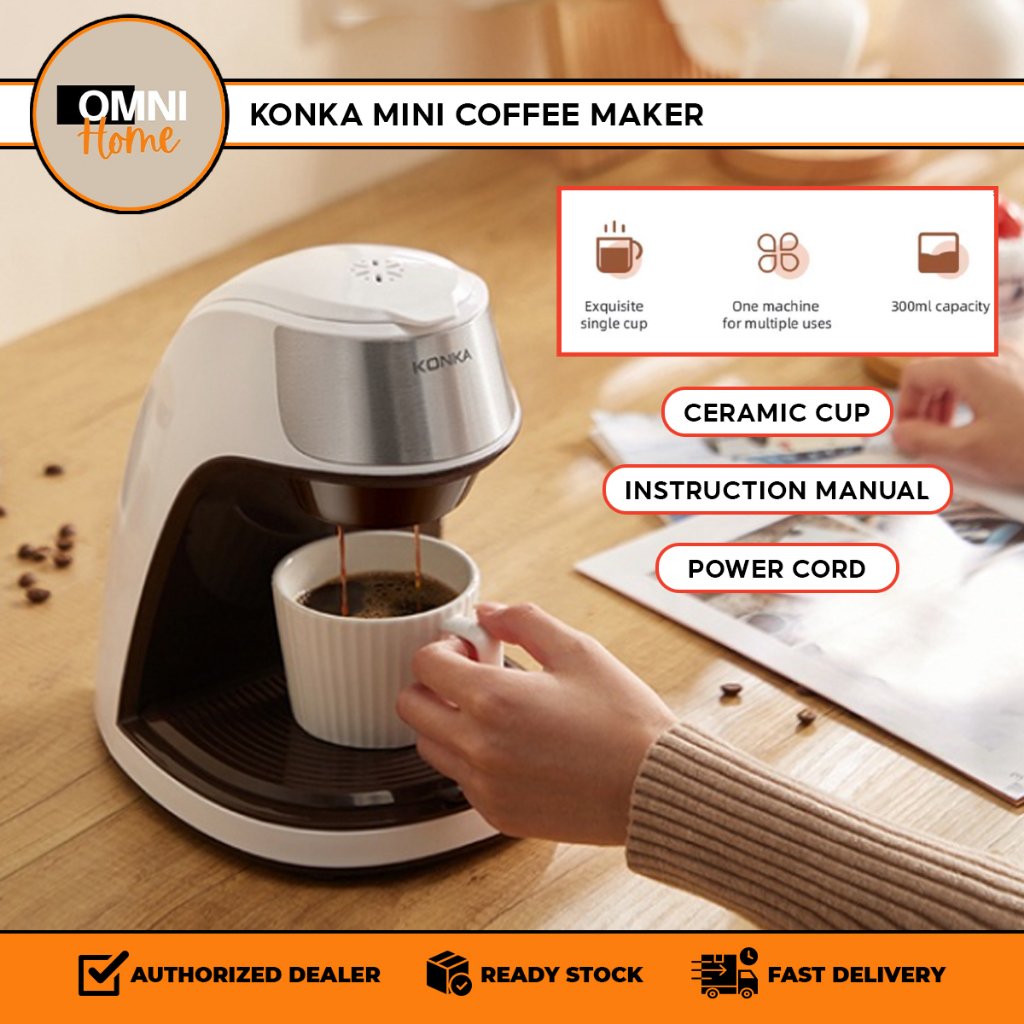 KONKA Mini Coffee Machine Set with Ceramic Cup | Automatic Brew Tea Maker Drip Americano Cafe | 300ml Capacity | Office