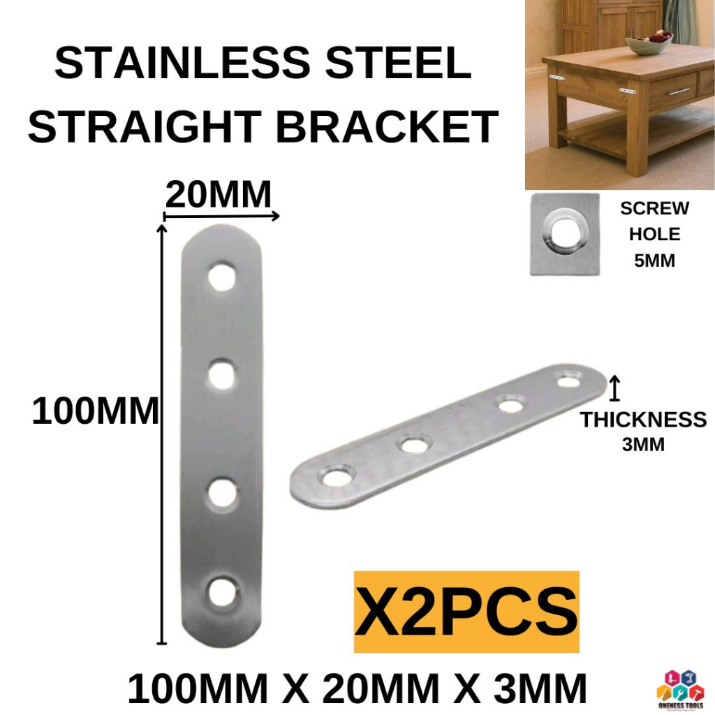 STAINLESS STEEL STRAIGHT BRACKET 100MM X 20MM X 3MM - X 2 PCS