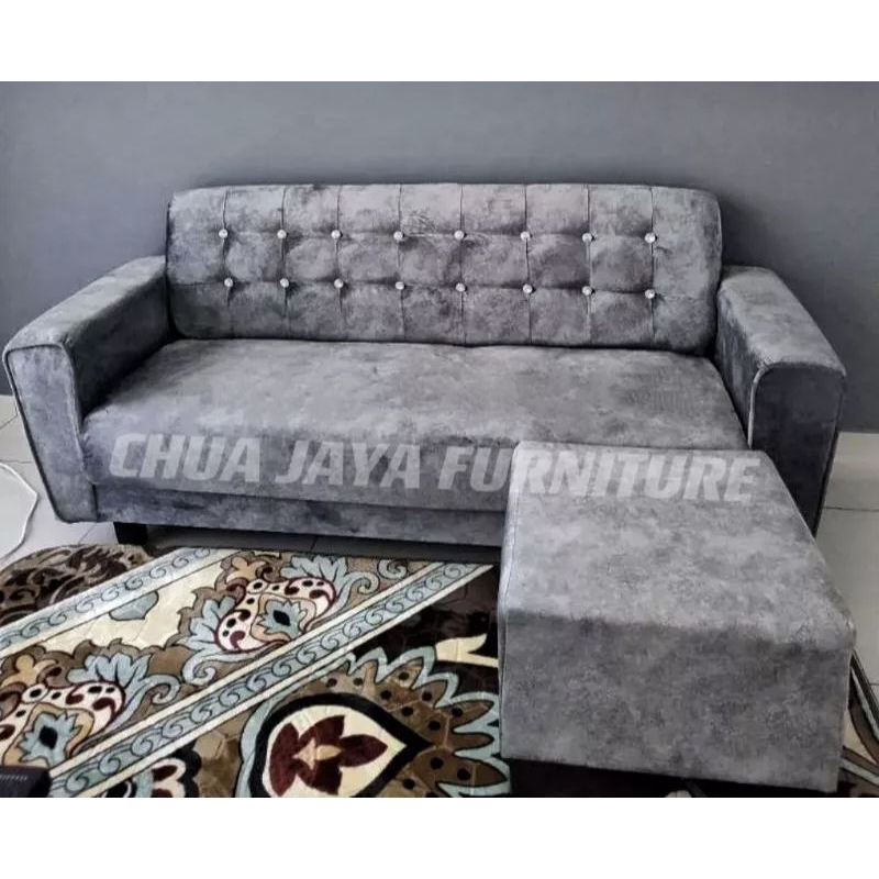 Velvet Sofa L-Shape (3 Seater + 1 Stool)