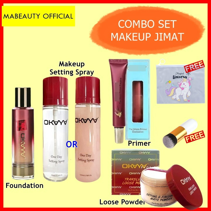 [SET MAKEUP JIMAT] Liquid Foundation + Wallet Primer Makeup + Setting Spray + Loose Powder Mua Bellaz