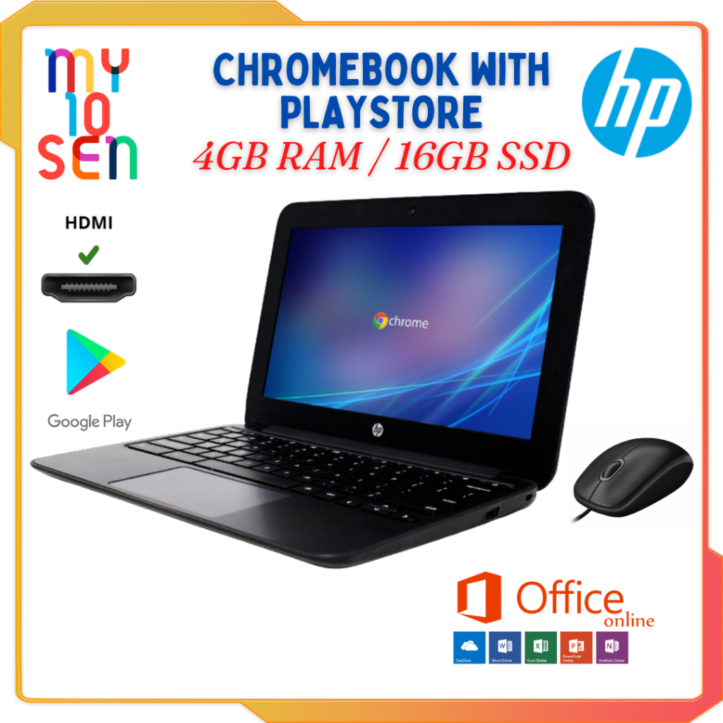HP Chromebook G5 4GB RAM 16GB SSD + PLAYSTORE Webcam WIFI HDMI & print  online Microsoft Office Laptop Murah | Shopee Malaysia