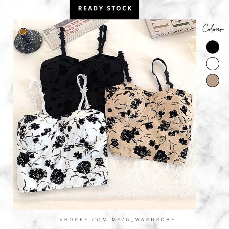 【Ready Stock】Velvet rose print design sling top women with chest pad outerwear vest sleeveless slimming bottoming shirt